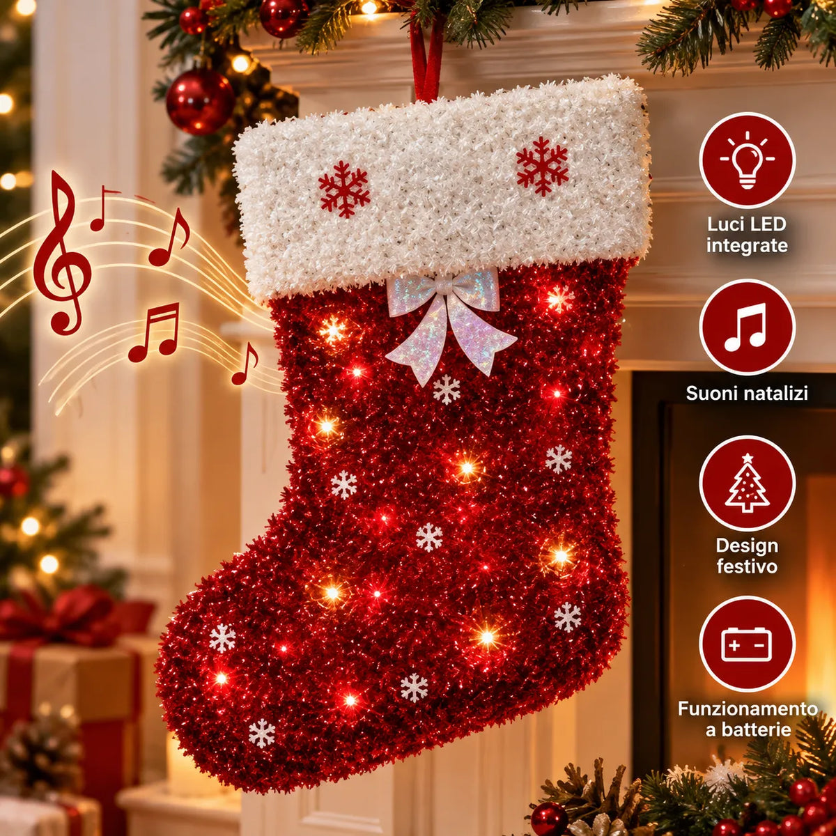 Calza di Natale rossa con bordo bianco soffice, fiocchi di neve e luci LED accese