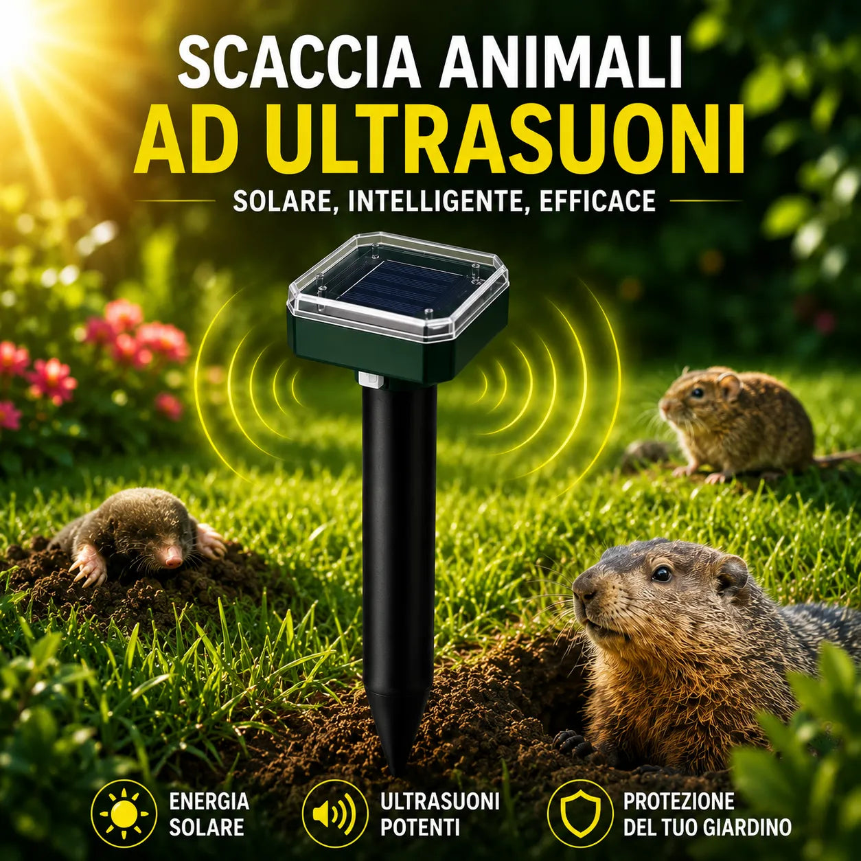 Dissuasore solare a ultrasuoni in paletto nero con pannello solare sulla testa