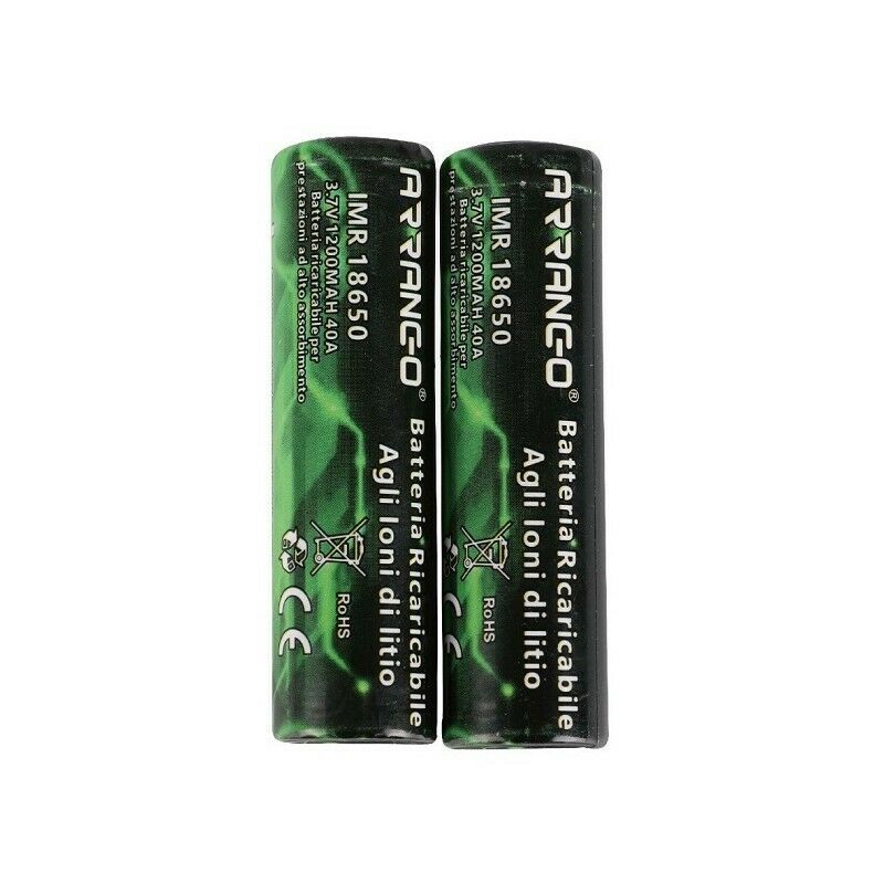 Due batterie ricaricabili Li-ion 18650 3,7V nere con stampa verde