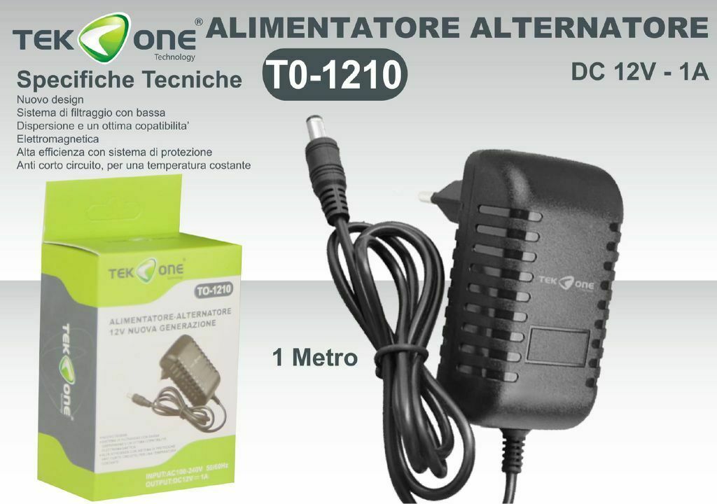 Alimentatore TeKone TO-1210 DC 12V 1A, adattatore nero con cavo e spina