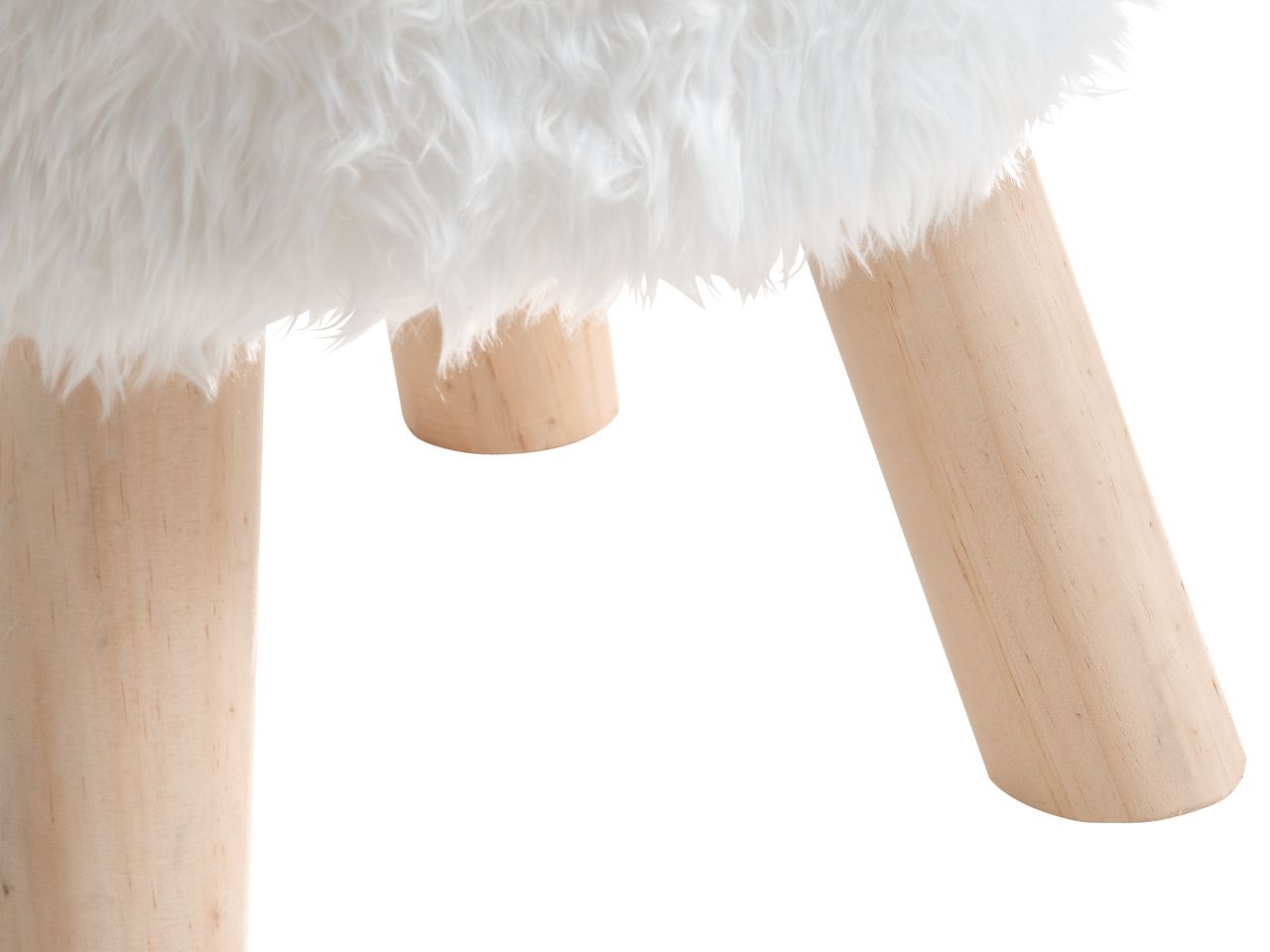 Sgabello pouf in similpelliccia bianca con gambe in legno visibili