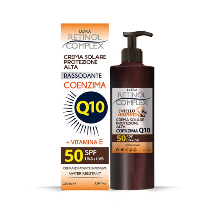 Crema solare con coenzima Q10, SPF 50, 200 ml: confezione con flacone e scatola