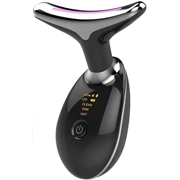 Massaggiatore viso e collo con rullo metallico, corpo nero e luce viola
