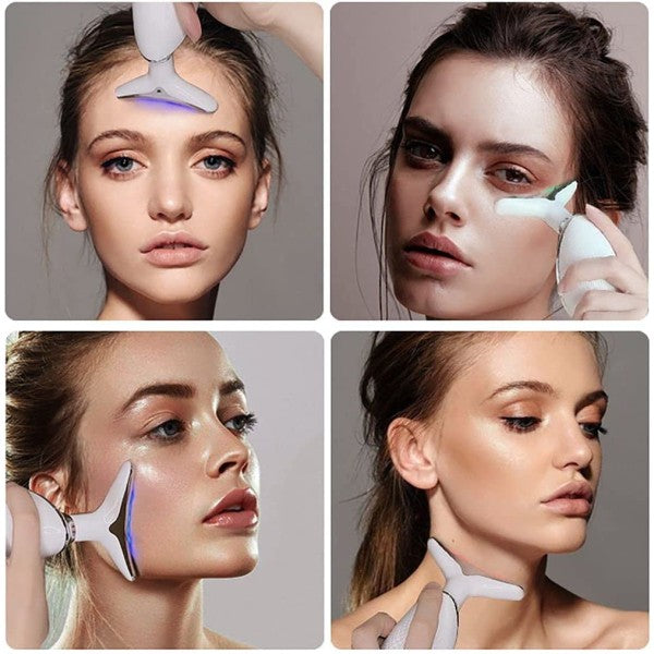 Kit skincare applicato sul viso: dispositivo a luce su guance, fronte e collo