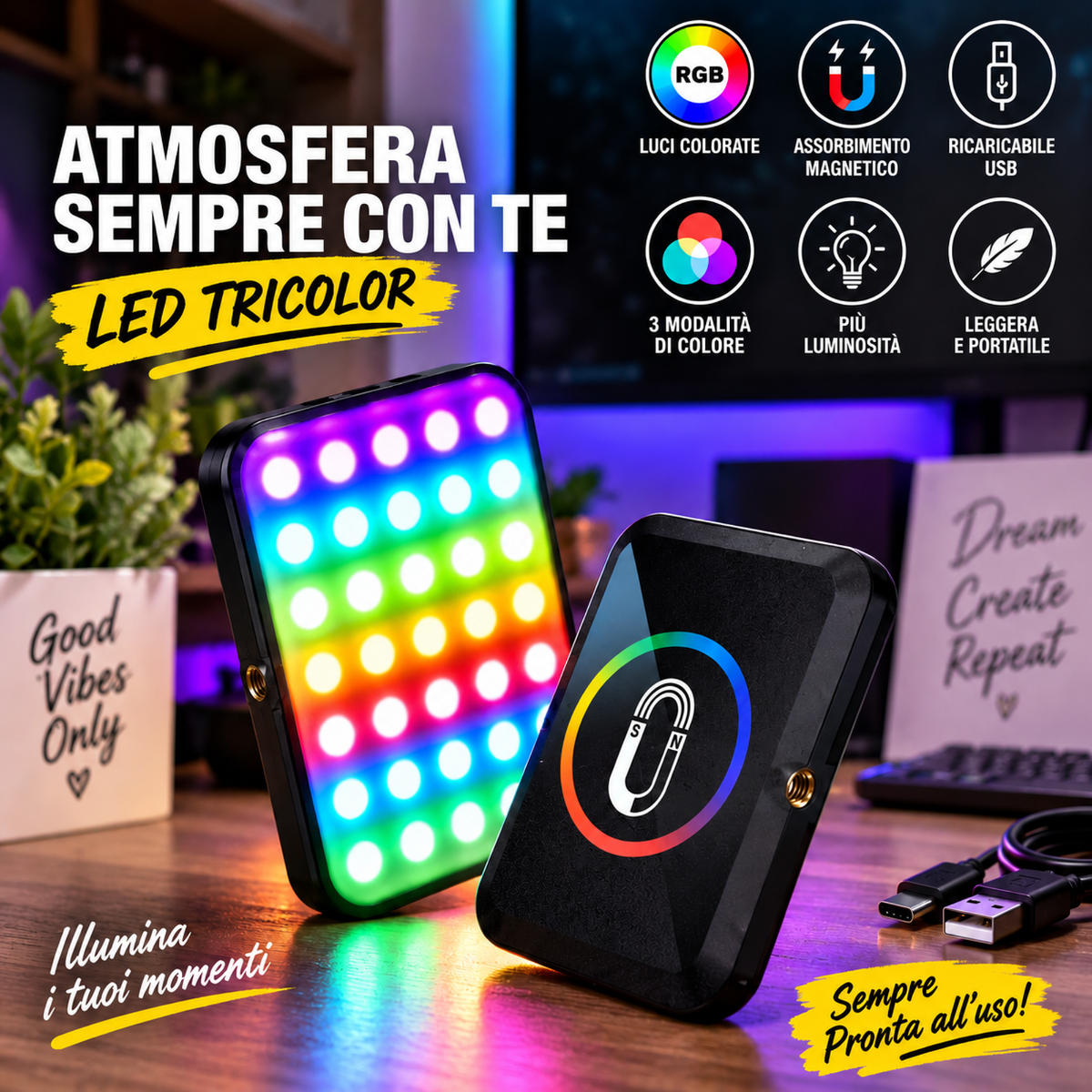 Pannello LED RGB magnetico ricaricabile con batteria integrata, luce multicolore
