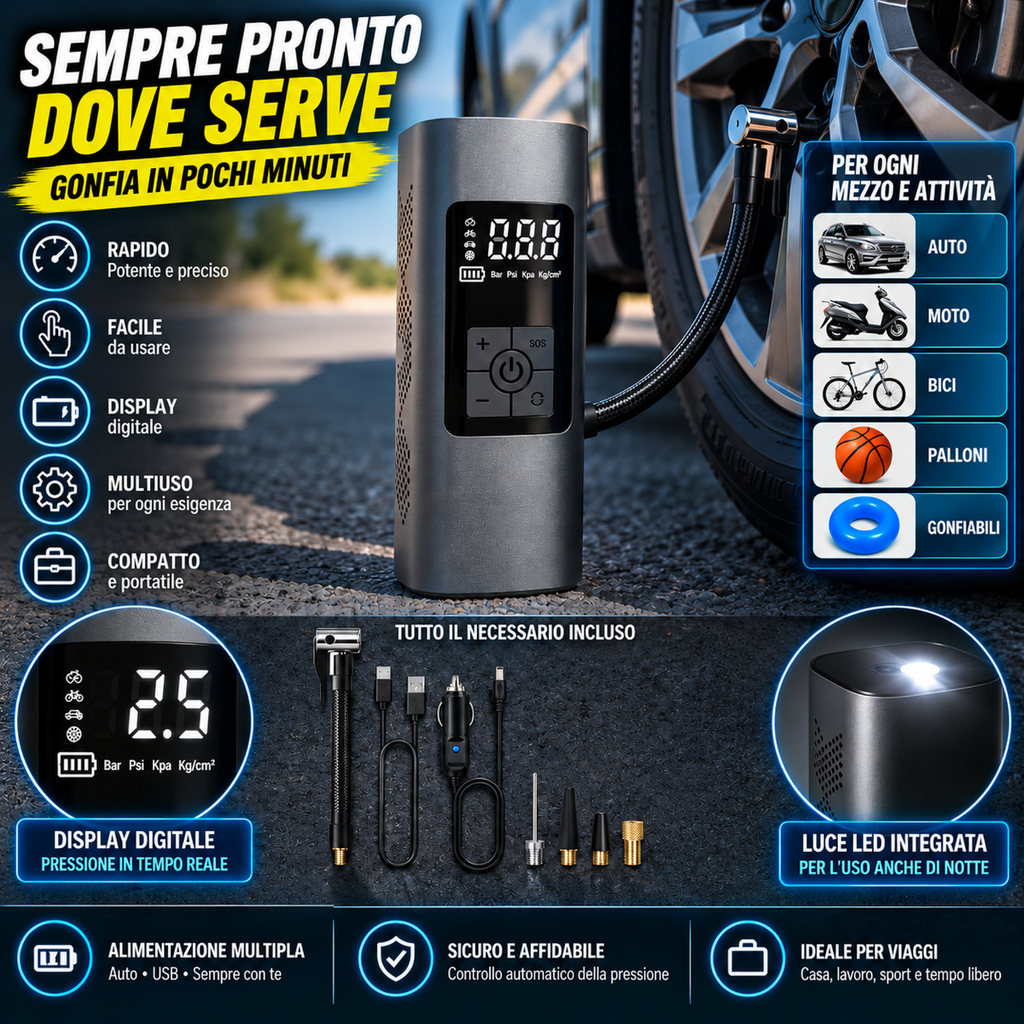 Compressore aria portatile con display LCD e accessori per pneumatici e palloni
