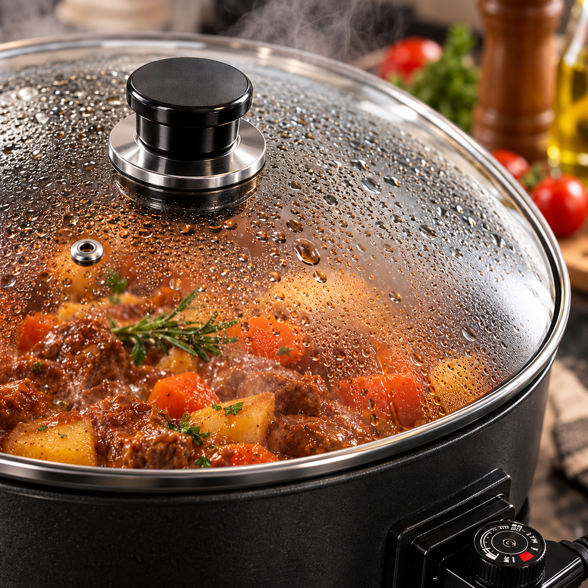Coperchio in vetro con pomello nero e condensa sopra padella elettrica
