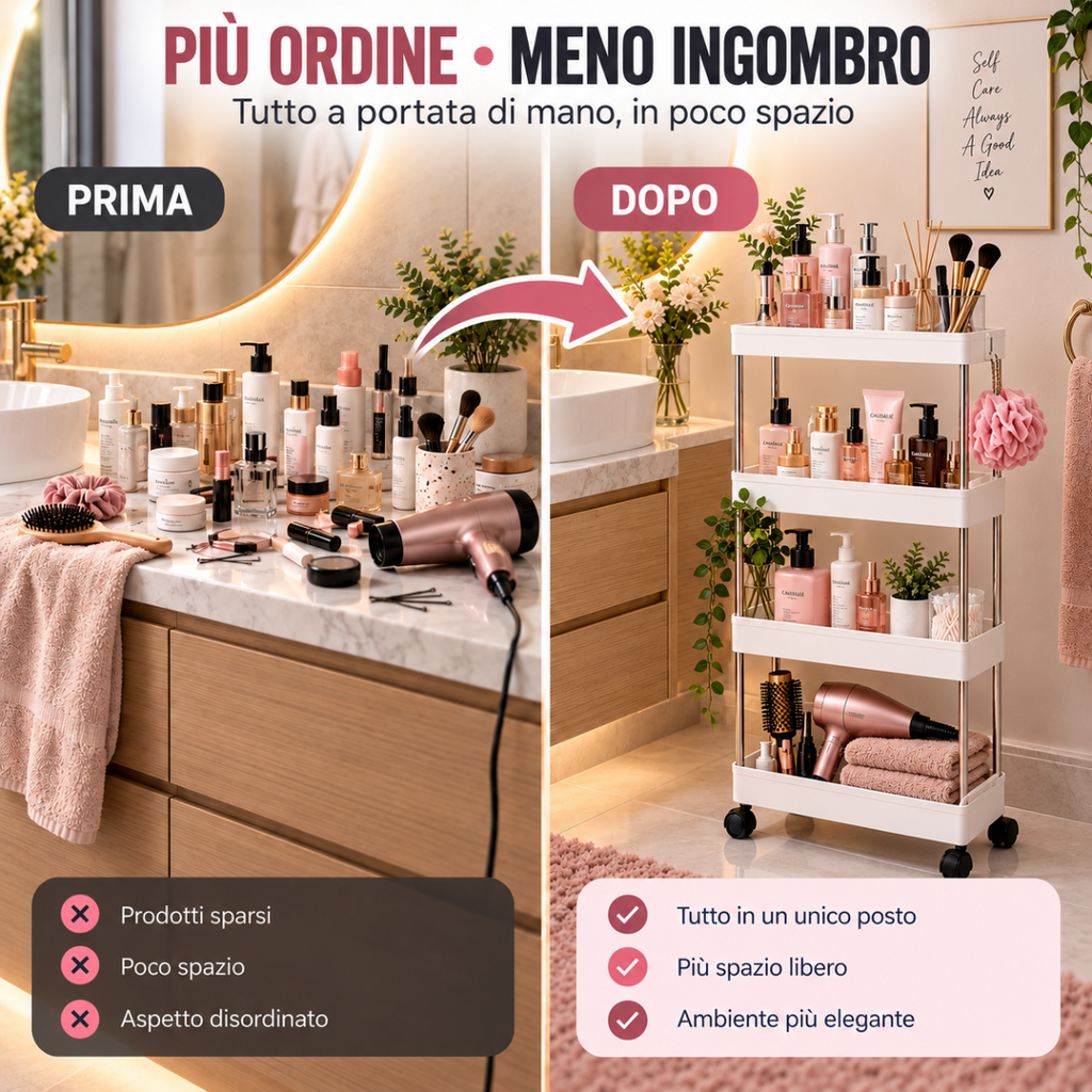 Carrello portaoggetti su ruote con 4 ripiani, design salvaspazio