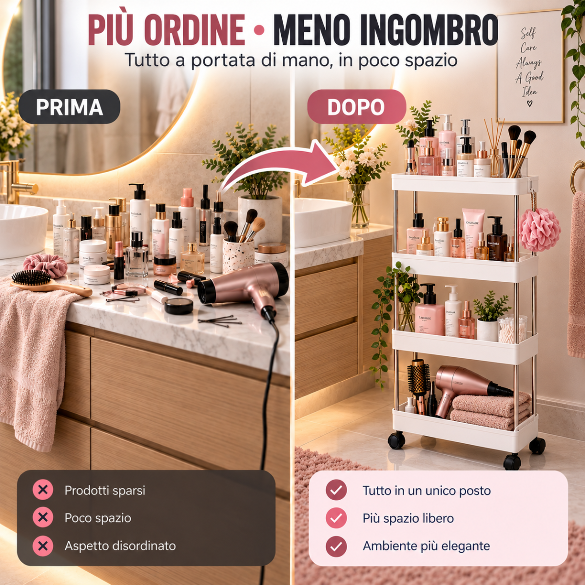 Carrello portaoggetti su ruote con 4 ripiani, design salvaspazio