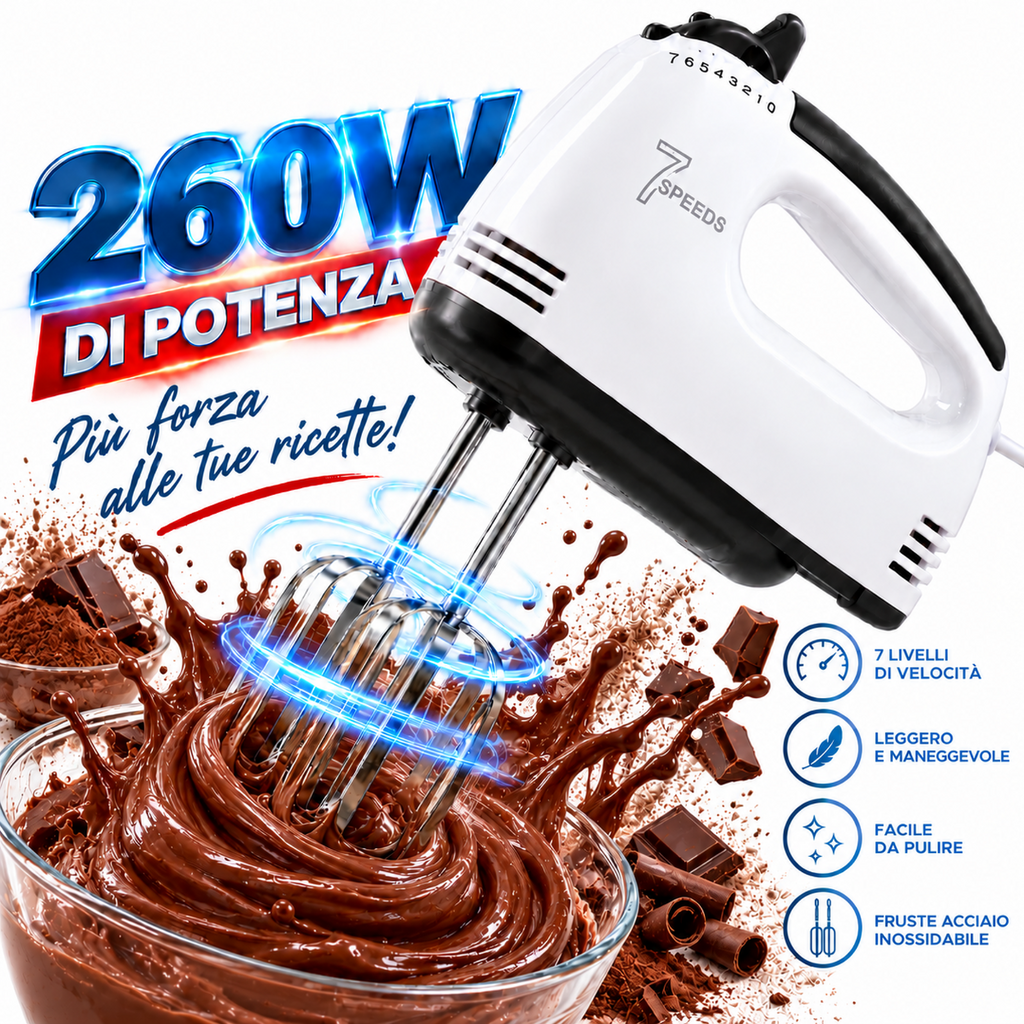 Sbattitore elettrico portatile bianco e nero con fruste in acciaio inox