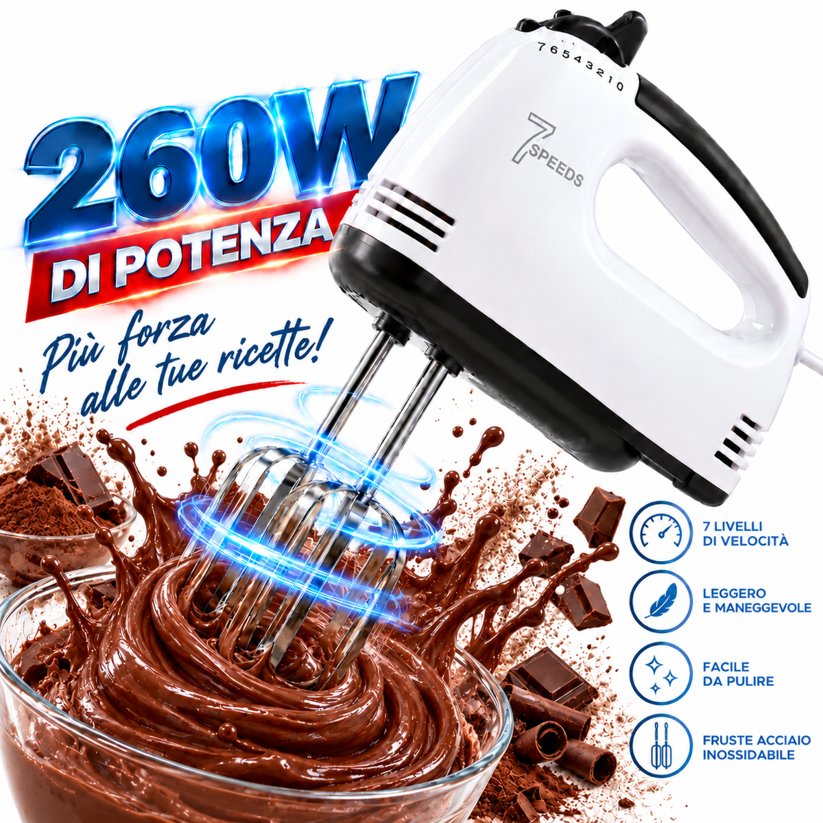 Sbattitore elettrico portatile bianco e nero con fruste in acciaio inox
