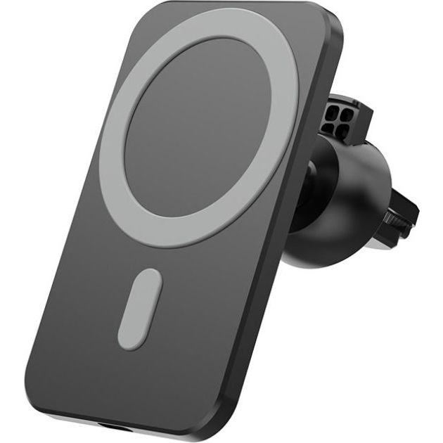 Supporto auto per telefono MagSafe nero con pannello grigio e clip per bocchetta