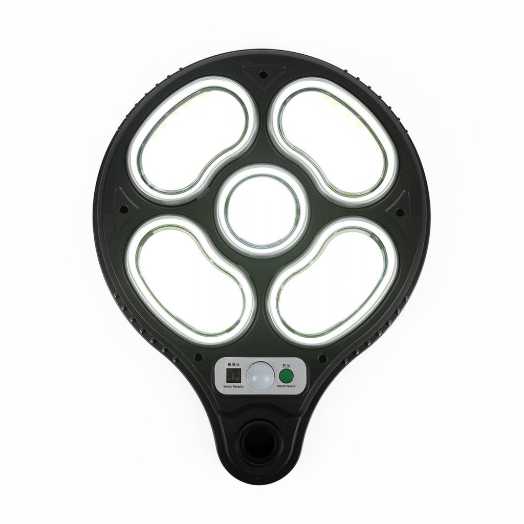 Proiettore solare nero con 5 LED COB ad anello luminosi bianchi e controlli.
