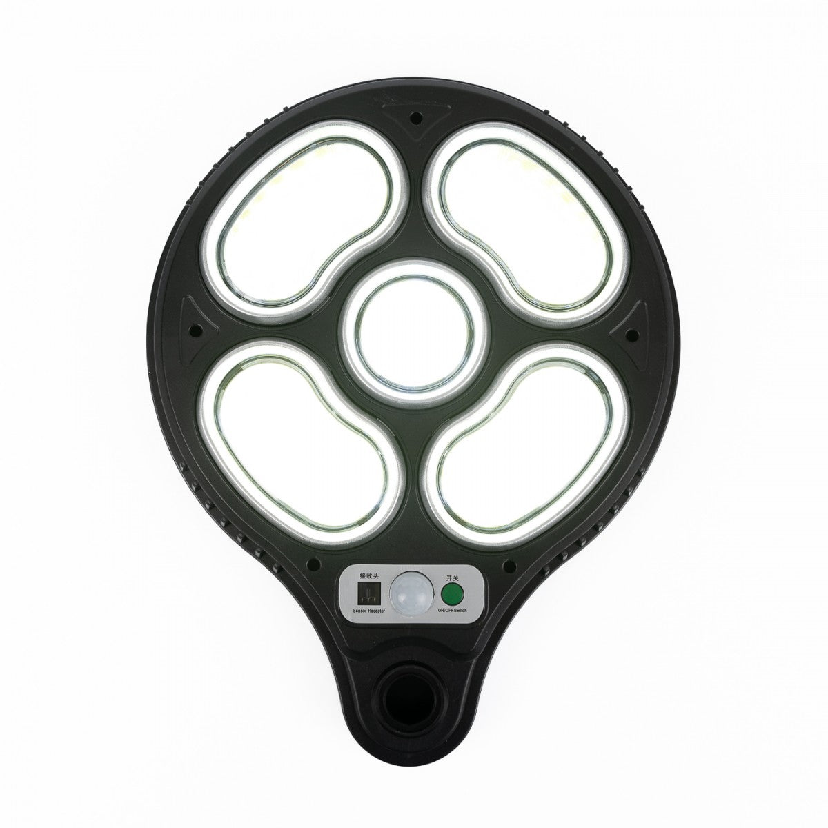 Proiettore solare nero con 5 LED COB ad anello luminosi bianchi e controlli.