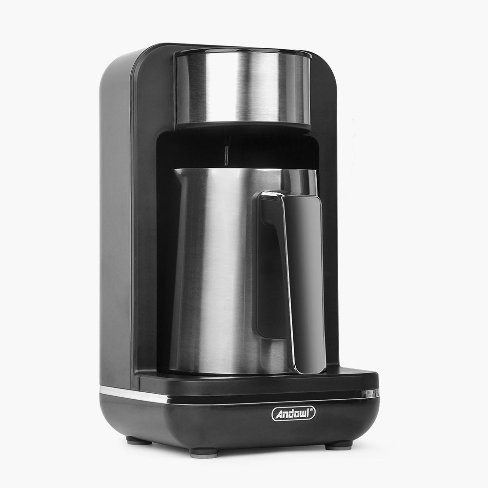 Caffettiera turca elettrica in acciaio inox e nero, base con logo Andewil