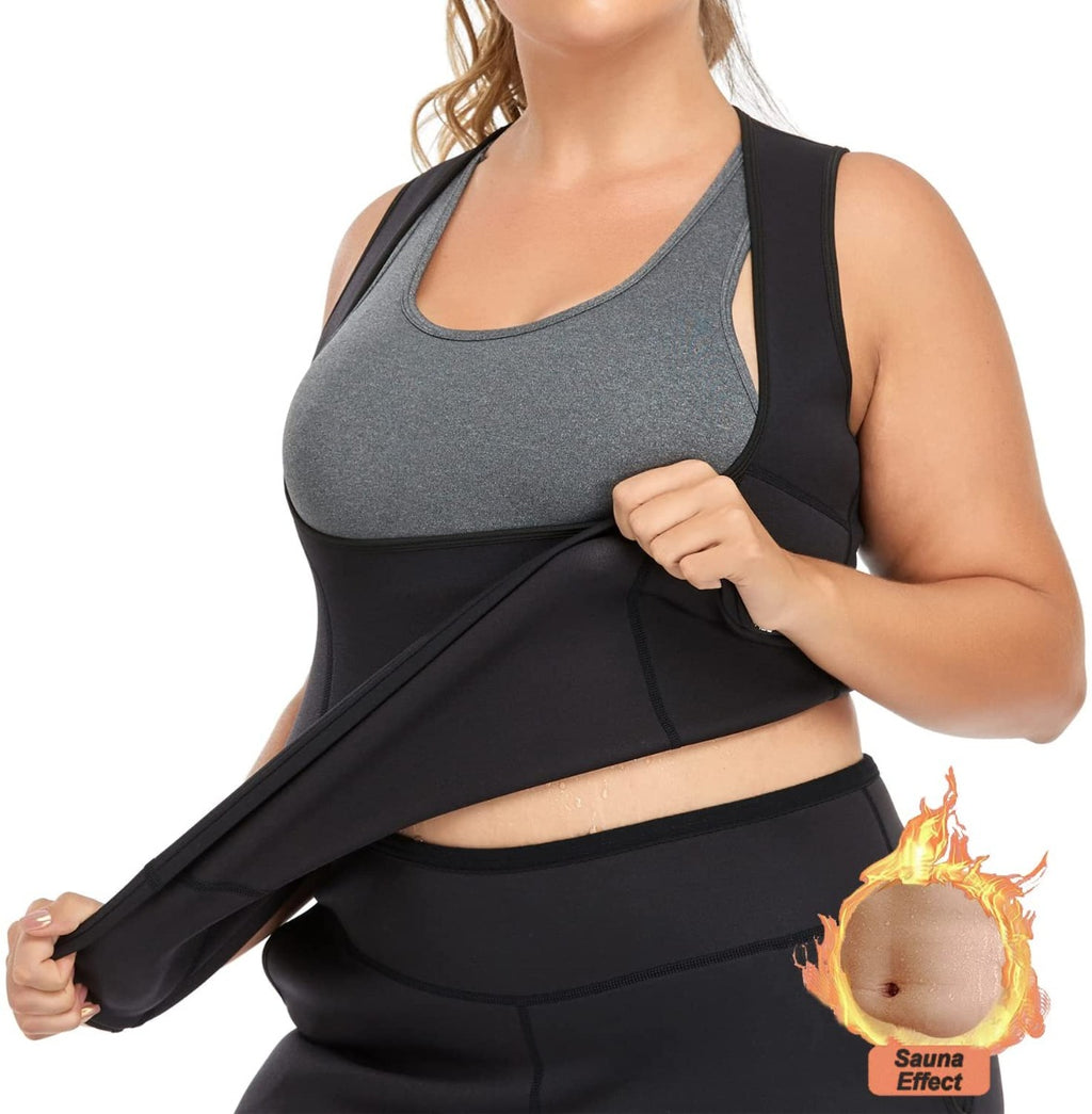 Canotta fitness da donna in neoprene grigio scuro e nero, senza maniche e girocollo.