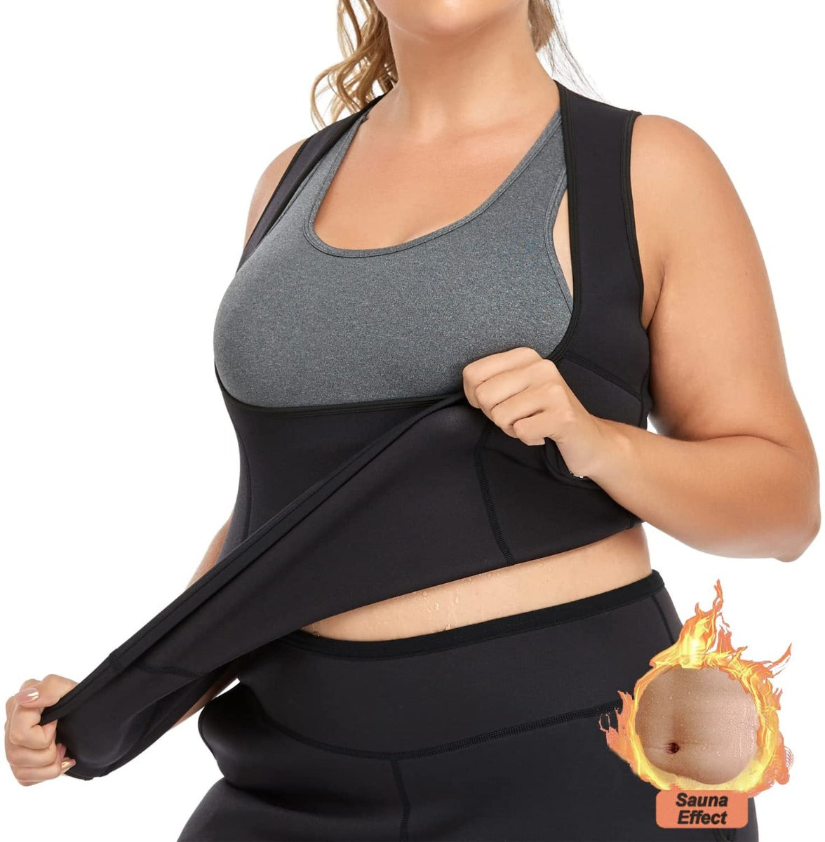 Canotta fitness da donna in neoprene grigio scuro e nero, senza maniche e girocollo.