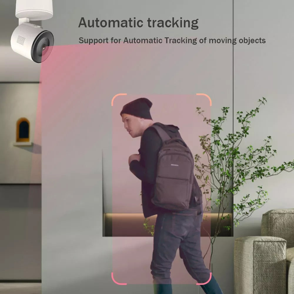 Telecamera IP Wi‑Fi bianca con riquadro di tracciamento automatico in evidenza