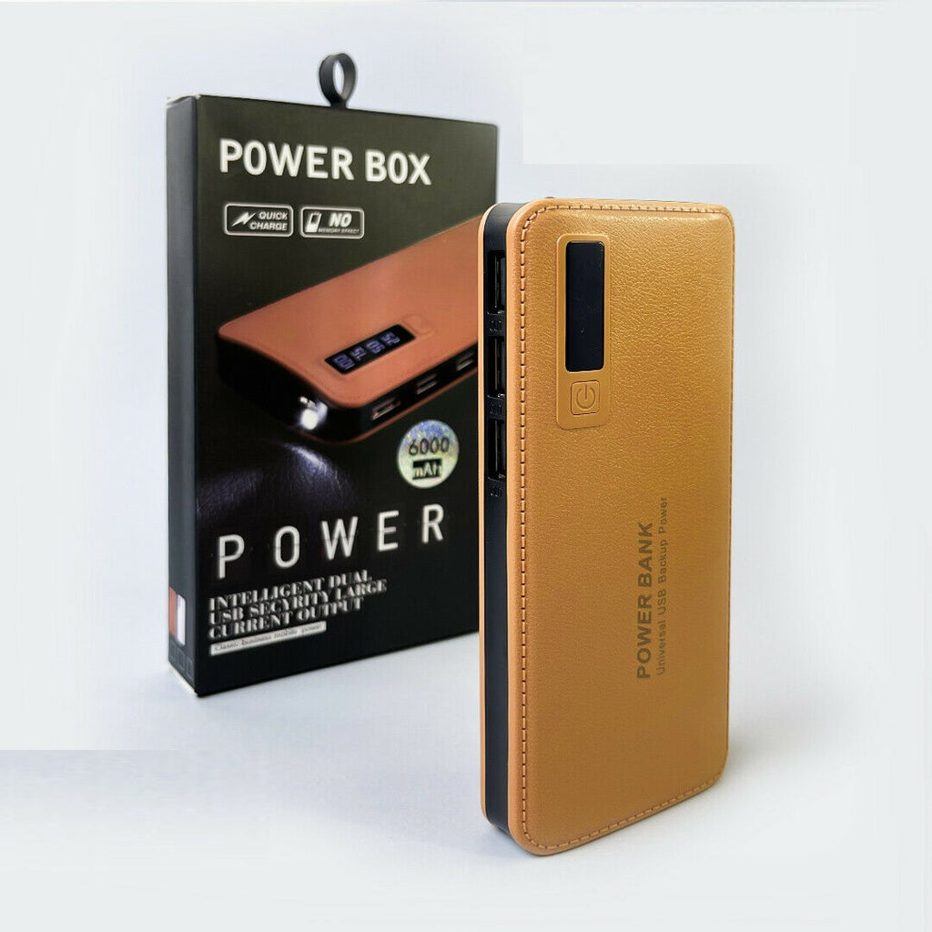 Power bank oro effetto pelle con display e pulsante di accensione