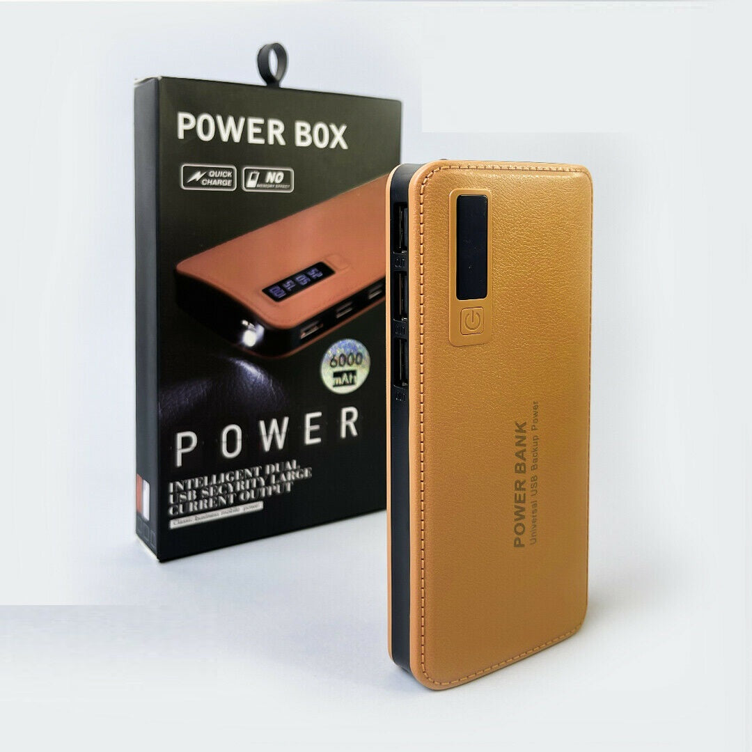 Power bank oro effetto pelle con display e pulsante di accensione