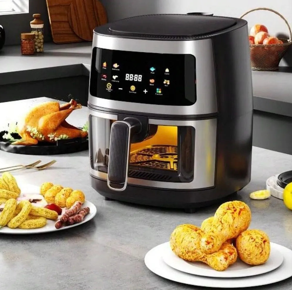 Friggitrice ad aria nera e argento con display digitale e cestello frontale trasparente