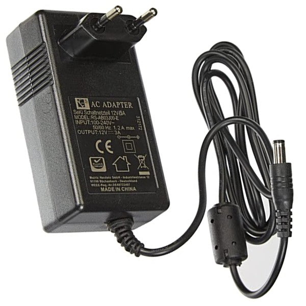 Alimentatore AC/DC nero 12V con spina e cavo, output 12V