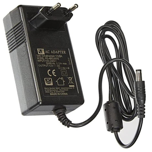 Alimentatore AC/DC nero 12V con spina e cavo, output 12V