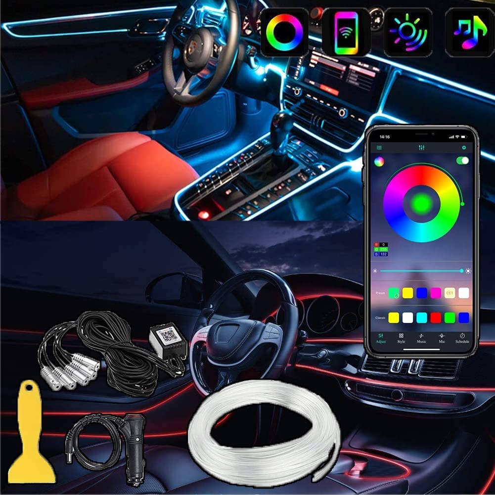 Kit luci LED RGB per interni auto con telecomando e striscia, effetto blu