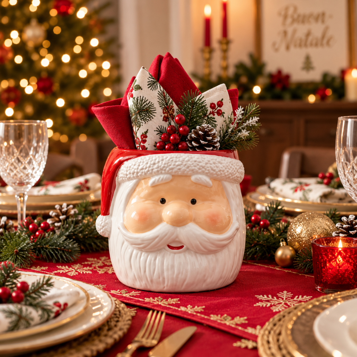 Tazza natalizia con Babbo Natale, cappello rosso e strofinaccio abbinato ripiegato