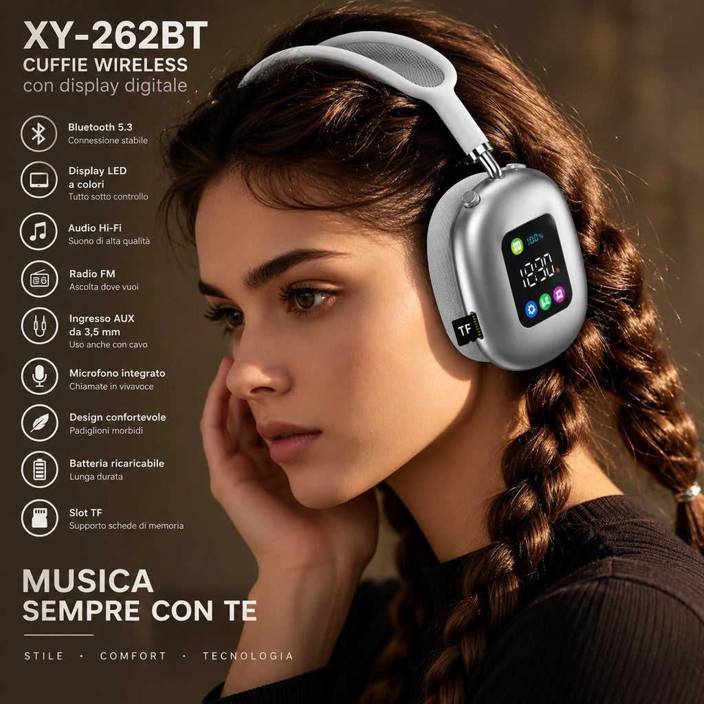Cuffie wireless over-ear bianche con display LED acceso sul pad
