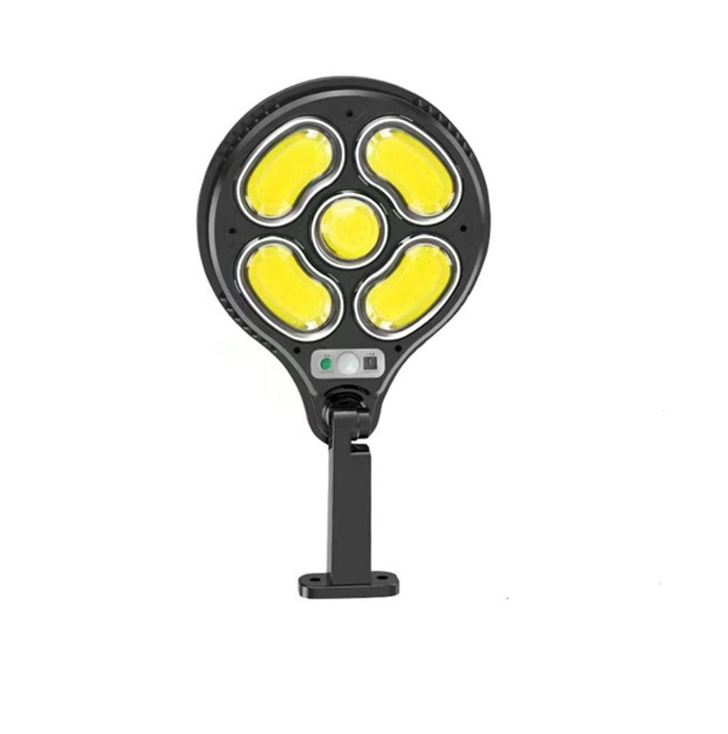 Proiettore solare nero su supporto, 5 LED COB gialli e pannellino comandi.