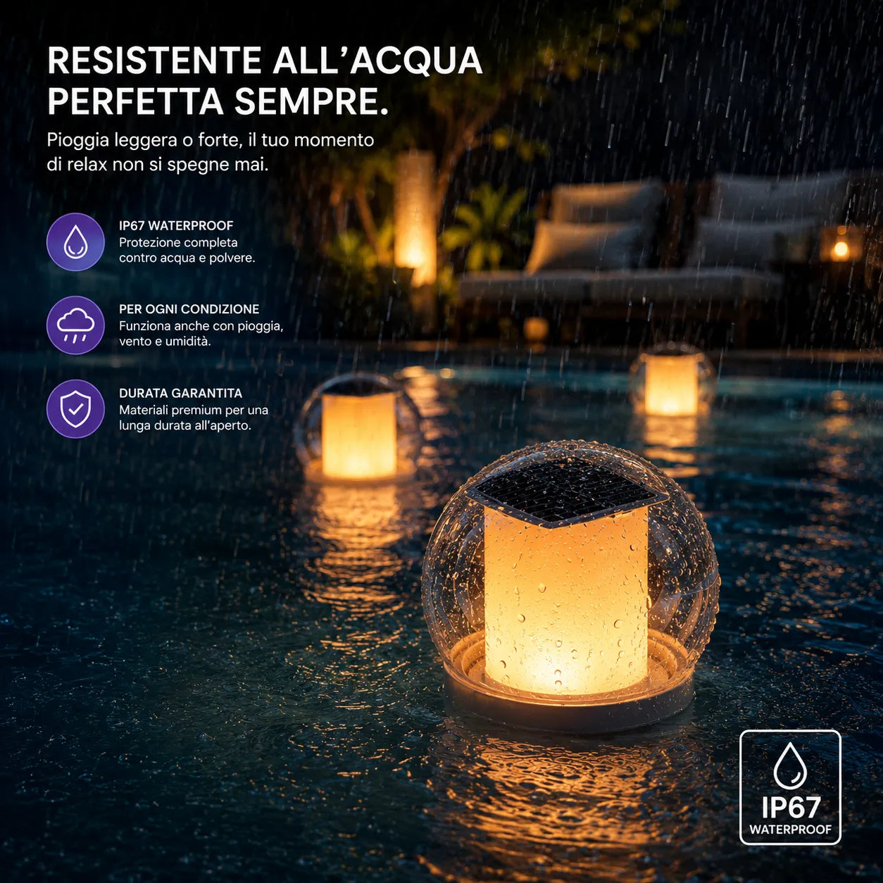 Lampada galleggiante LED solare impermeabile in acqua con gocce e luce calda