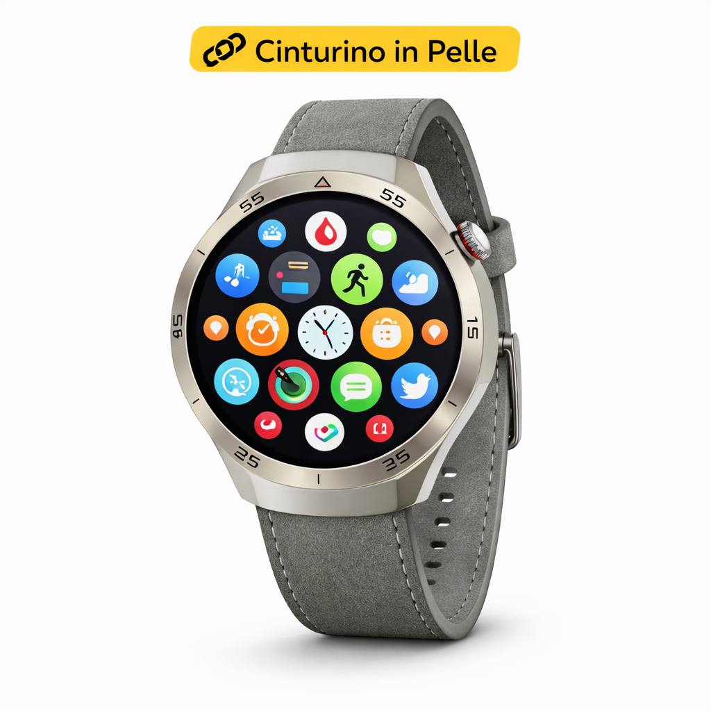 Smartwatch con cinturino in pelle grigio e quadrante con icone colorate