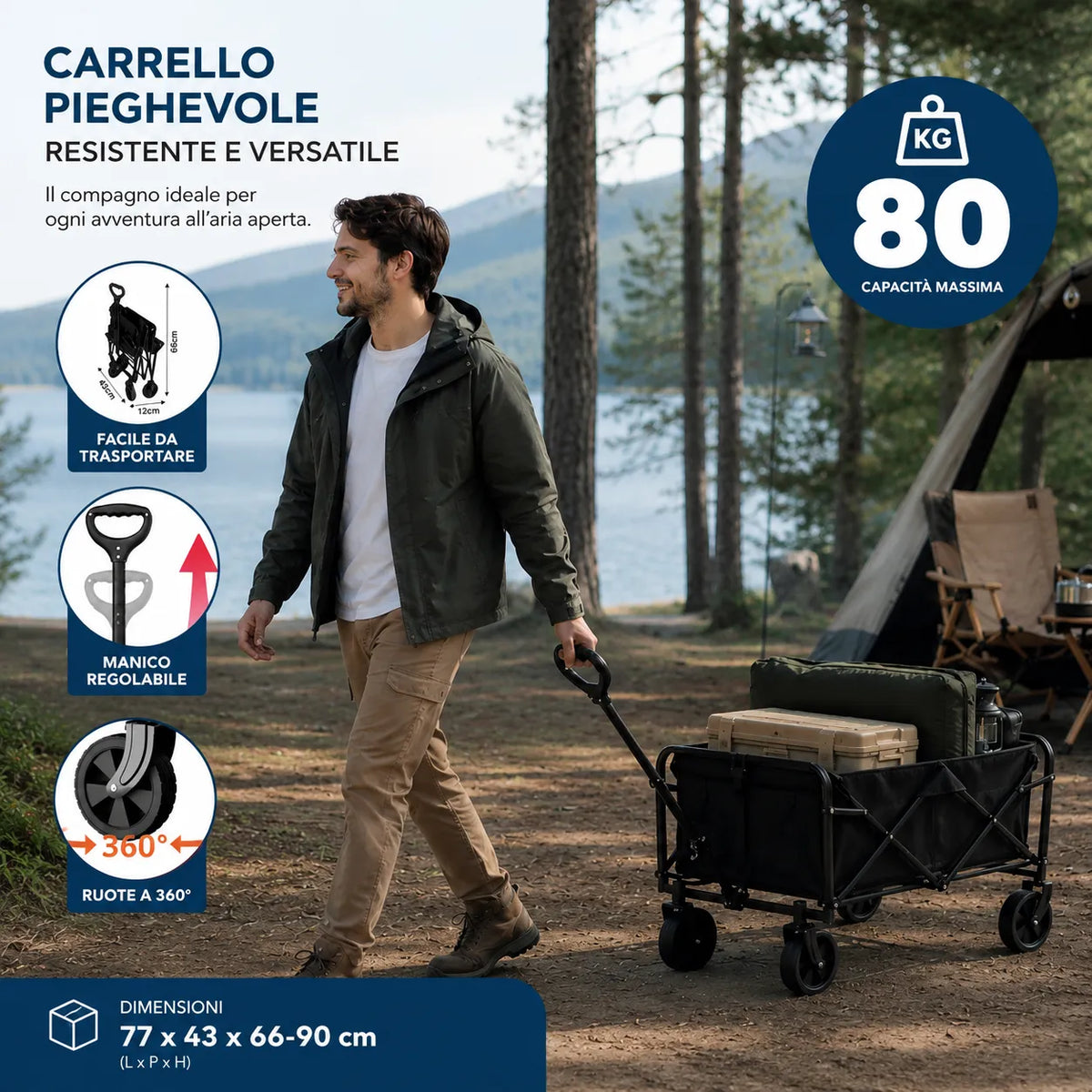Carrello pieghevole nero da 80 kg con manico regolabile e 4 ruote 360°