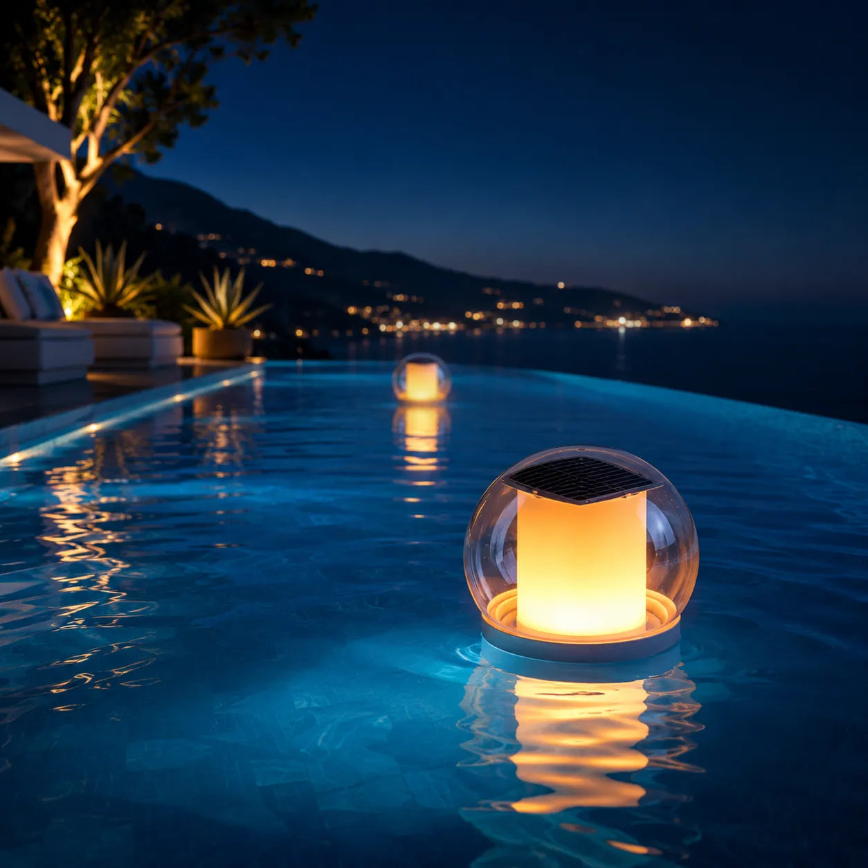 Lampada galleggiante LED solare impermeabile in piscina, luce calda con riflessi