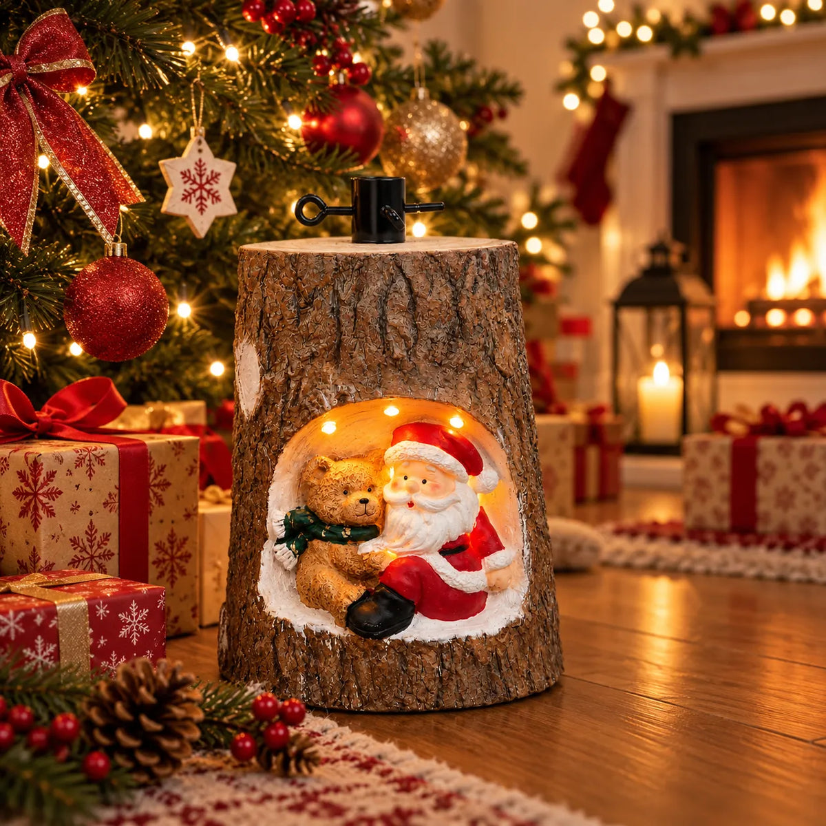 Decorazione natalizia luminosa a tronco effetto legno con Babbo Natale e orsetto, luci calde