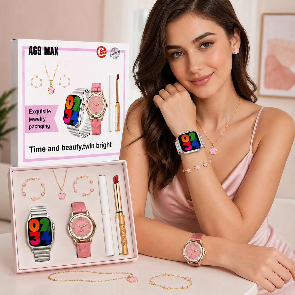 Set regalo completo smartwatch: orologio analogico rosa, gioielli e scatola
