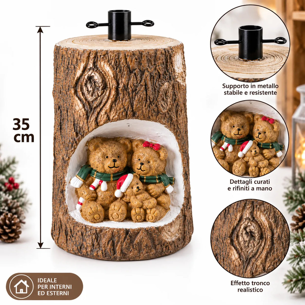 Decorazione a tronco di Natale 35 cm con orsetti e luci integrate