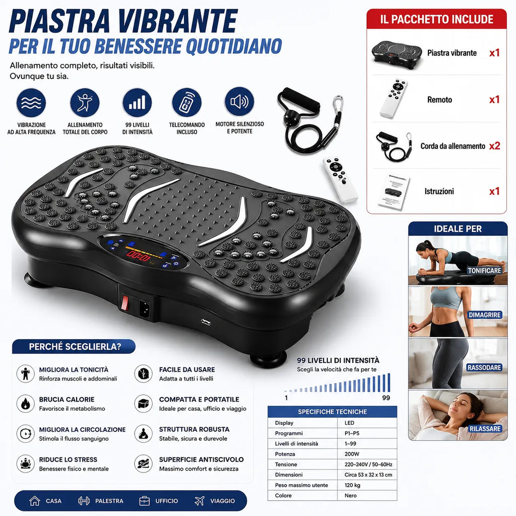 Pedana Vibrante Fitness Professionale con Bluetooth, Telecomando e Fasce Elastiche – 120 Livelli di Intensità, Allenamento Total Body, Massaggio Plantare, Tonificazione di Gambe, Glutei e Addome