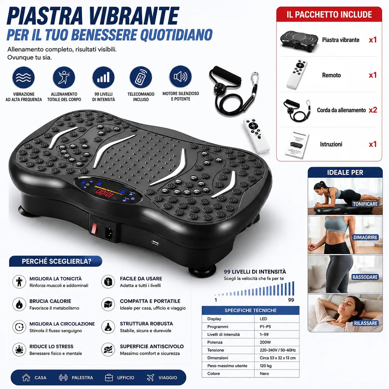 Pedana Vibrante Fitness Professionale con Bluetooth, Telecomando e Fasce Elastiche – 120 Livelli di Intensità, Allenamento Total Body, Massaggio Plantare, Tonificazione di Gambe, Glutei e Addome