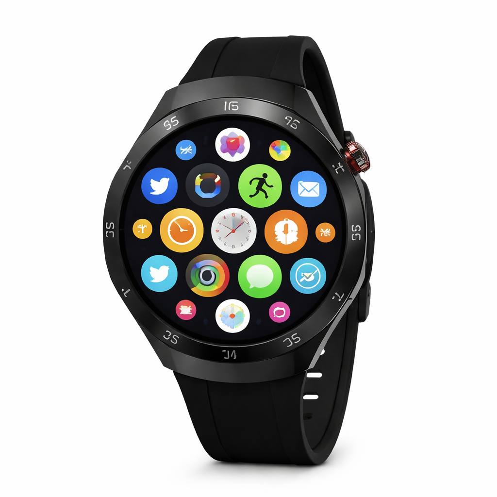 Smartwatch con cinturino nero e quadrante nero con app e notifiche a icone