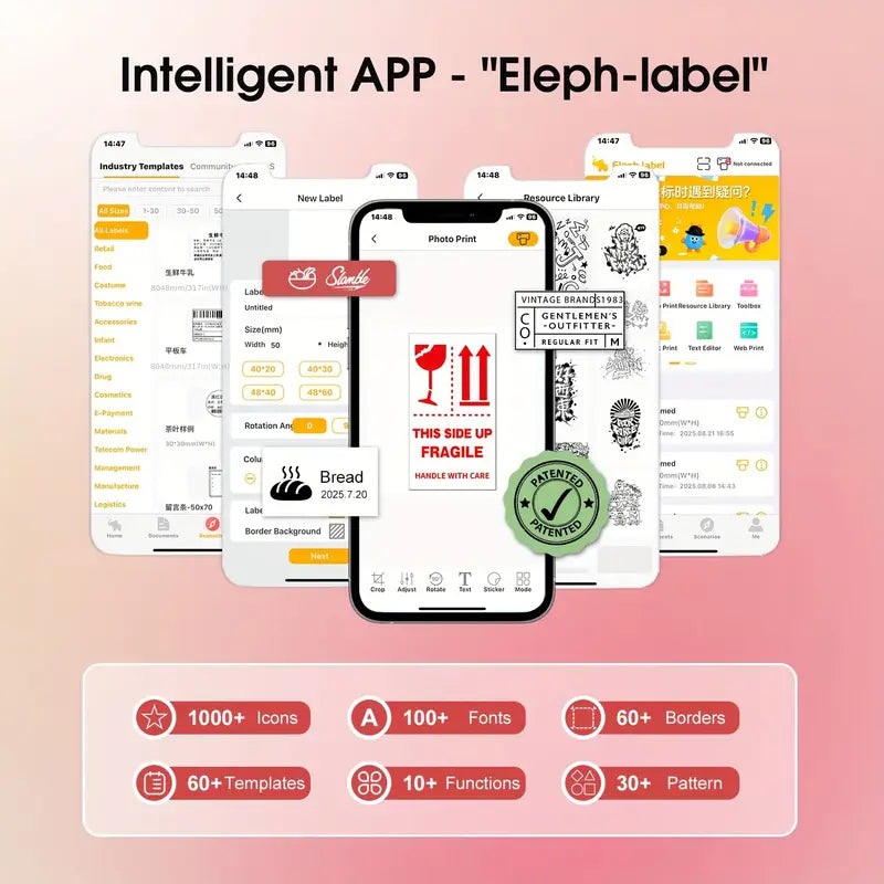 Stampante termica per etichette con app Eleph-label su smartphone