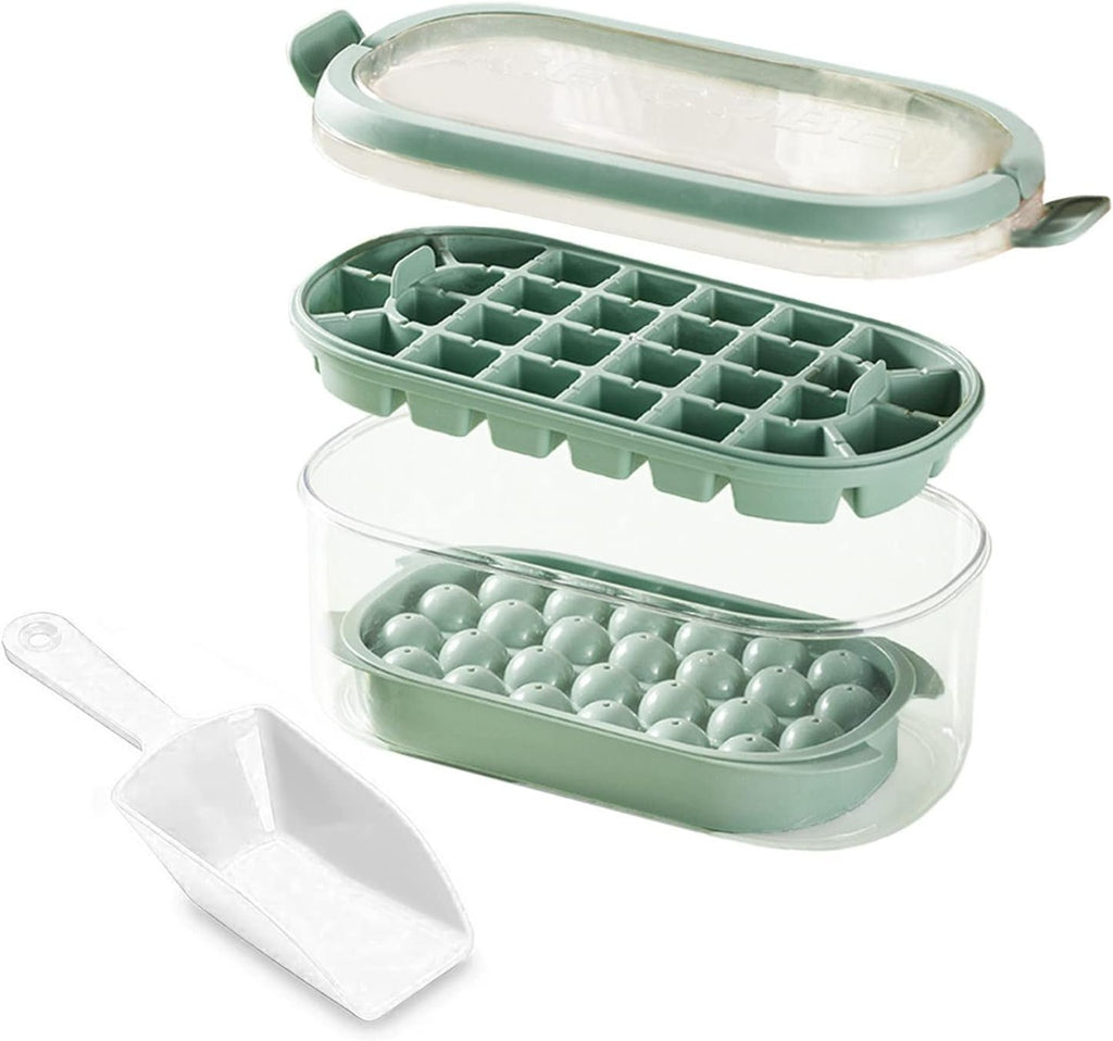 Contenitore per ghiaccio con stampo verde aperto e palline rotonde, vassoio a scomparti