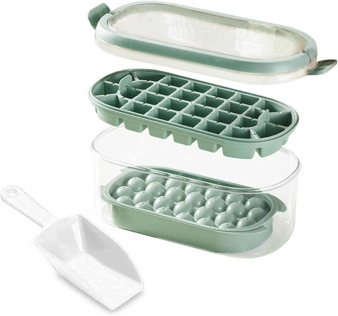 Contenitore per ghiaccio con stampo verde aperto e palline rotonde, vassoio a scomparti