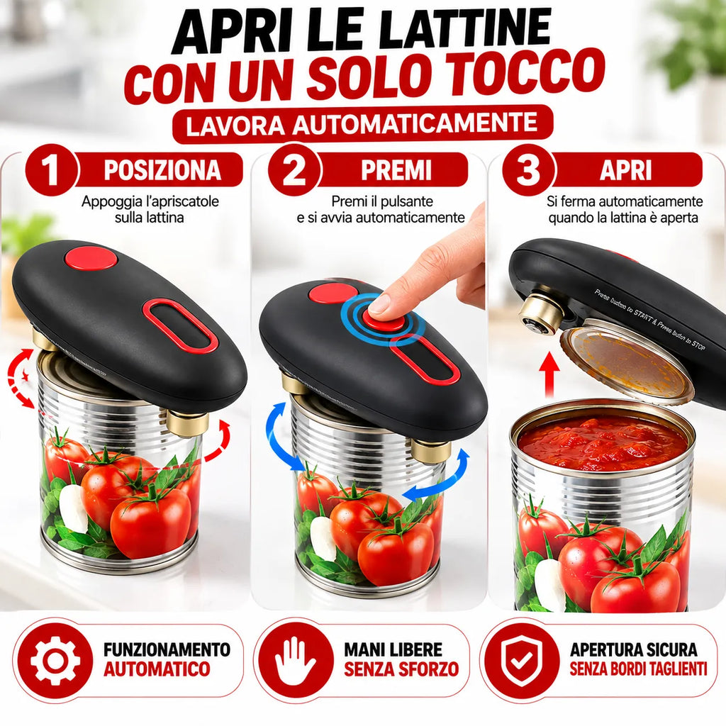 Apriscatole elettrico nero con pulsante rosso, posiziona, premi e apri automaticamente.