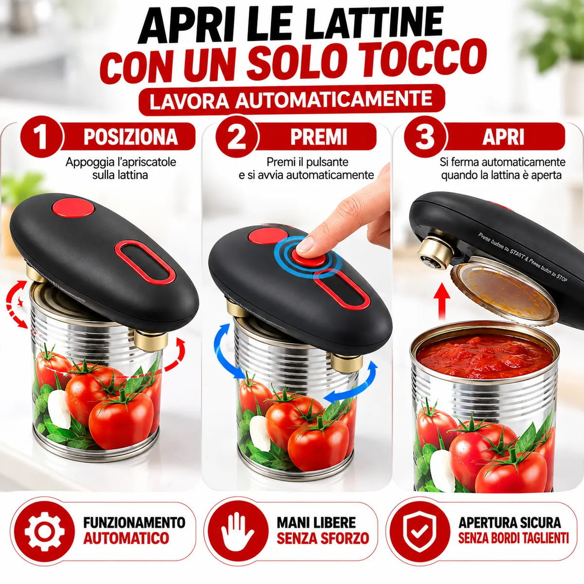 Apriscatole elettrico nero con pulsante rosso, posiziona, premi e apri automaticamente.