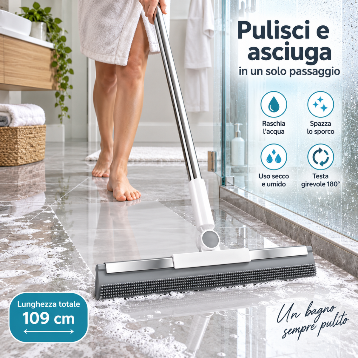 Spazzola tergipavimento 2 in 1 con manico lungo 109 cm e lama tergiacqua