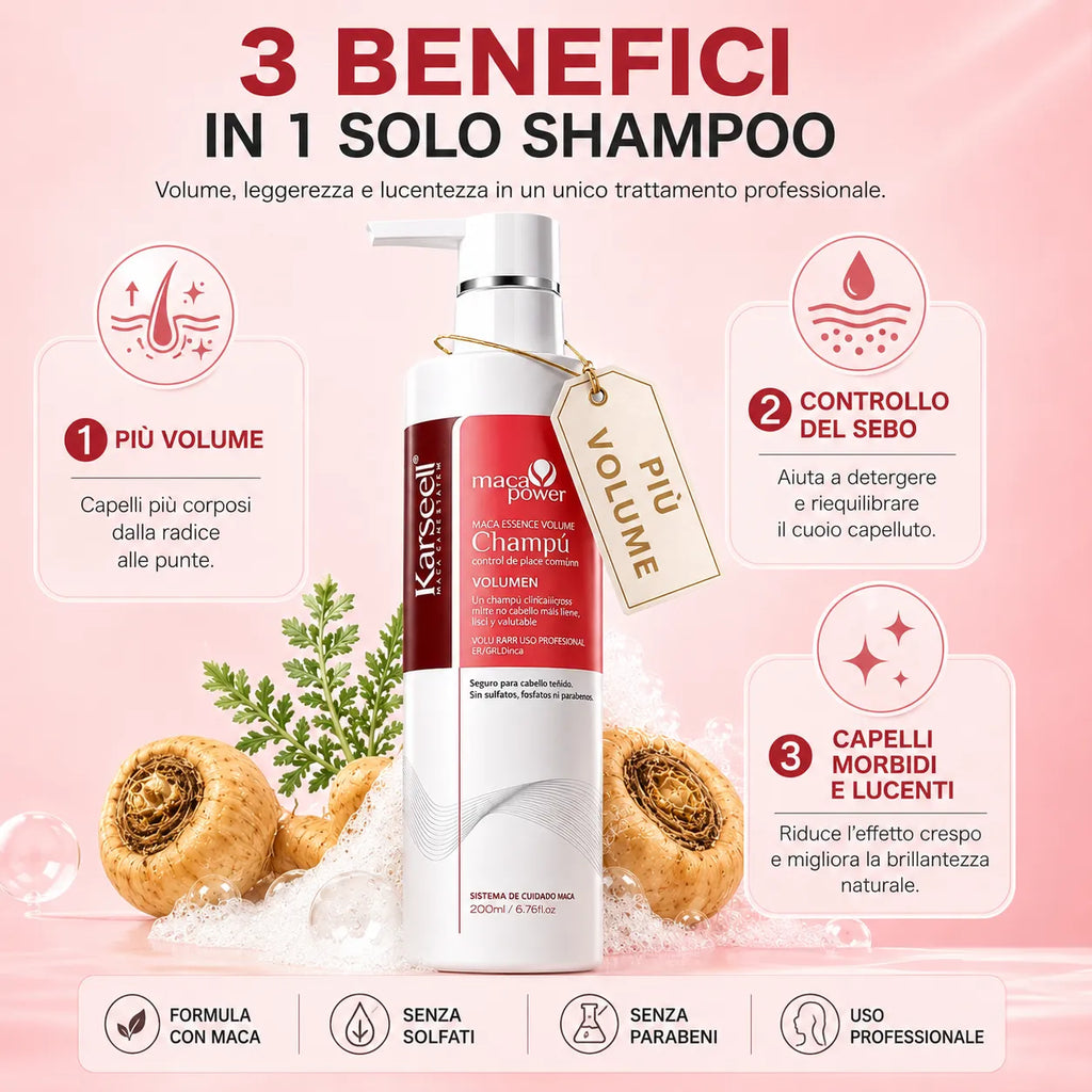Karseell MACA CARE SYSTEM Shampoo Volumizzante 200 ml con Olio di Argan e Pantenolo – Volume e Corpo per Capelli Fini e Piatti – Detersione Delicata – Capelli Morbidi, Leggeri e Luminosi