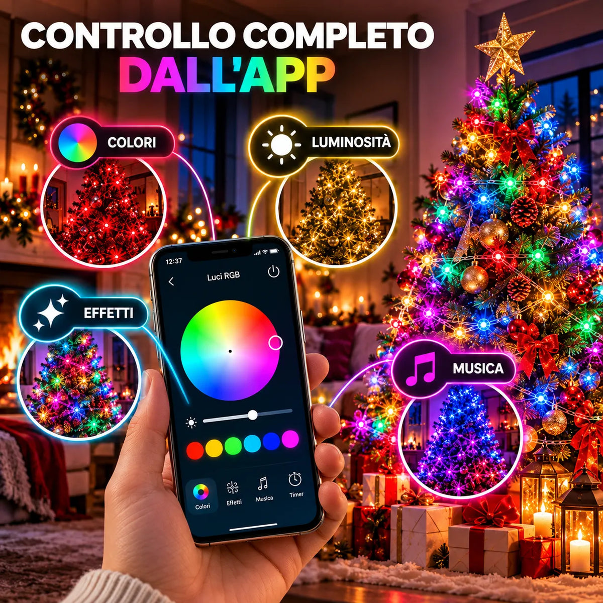 Luci LED RGB con app su smartphone per colori, effetti e musica