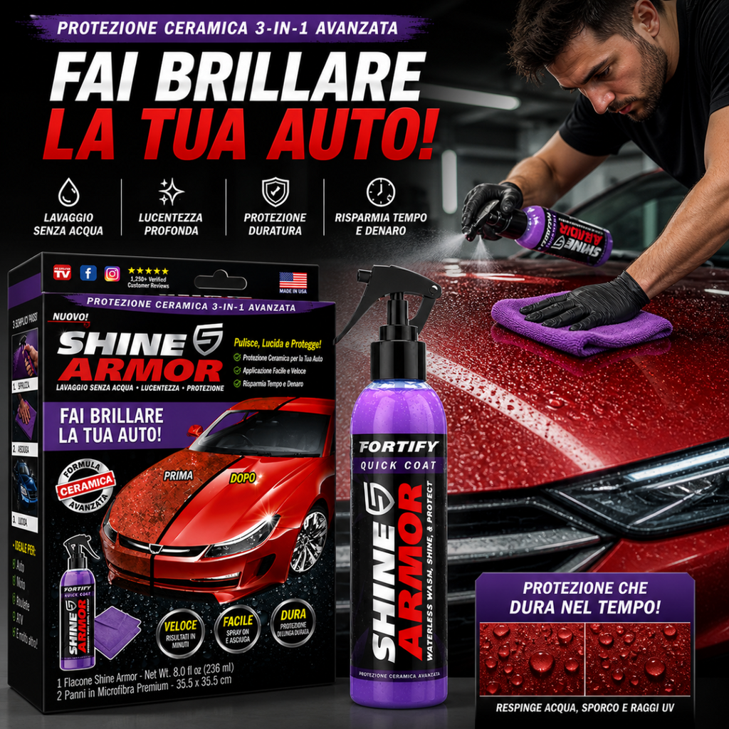 Spray lucidante auto Shine Armor Fortify Quick Coat, flacone viola con spruzzatore.